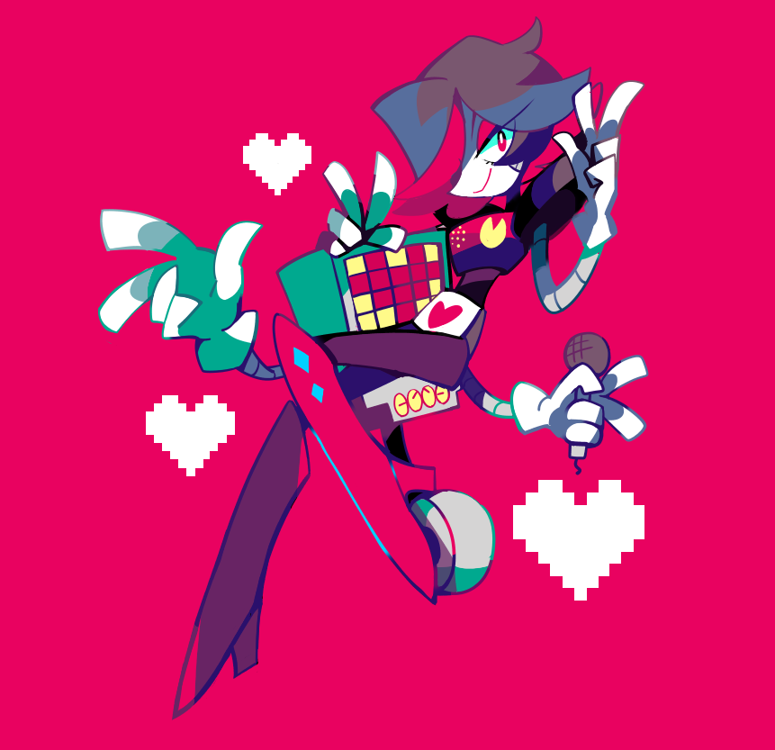 amakusa_(hidorozoa) closed_mouth double_w hair_over_one_eye hand_up heart high_heels holding looking_at_viewer mettaton mettaton_ex microphone multiple_boys pink_background red_eyes robot short_hair simple_background smile undertale w