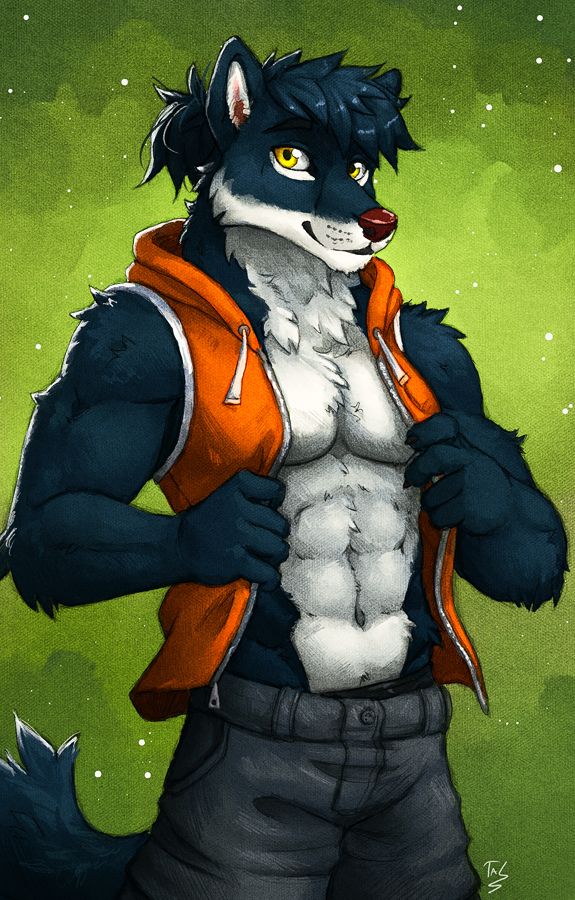 2018 5_fingers abs anthro blue_fur brown_nose canine clothed clothing fur green_background looking_at_viewer male mammal muscular muscular_male pants pecs simple_background solo tasanko vest white_fur wolf yellow_eyes