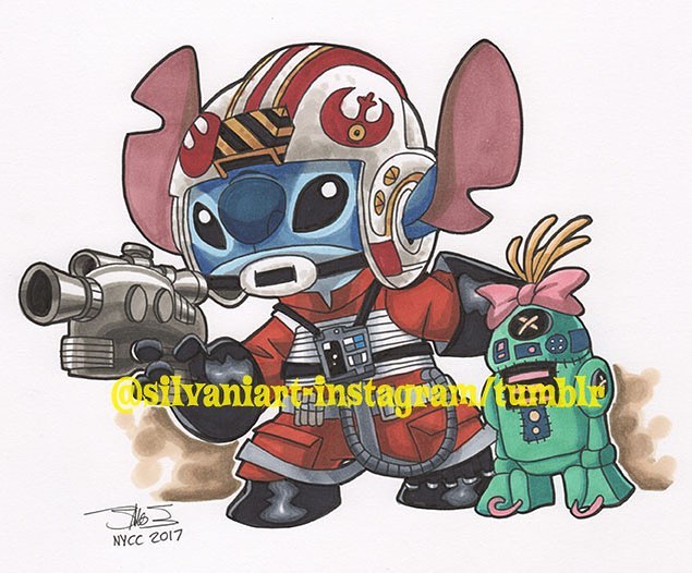 2017 4_fingers :| alien armor black_eyes blaster blue_fur blue_nose button_eyes clothing cosplay crossover disney distracting_watermark droid experiment_(species) fur gloves hair_bow hair_ribbon helmet holding_object holding_weapon james_silvani lilo_and_stitch luke_skywalker notched_ear pilot r2-d2 ribbons scrump signature standing star_wars stitch traditional_media_(artwork) uniform watermark weapon