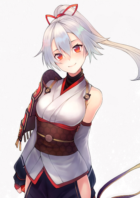 arm_at_side arm_behind_back armor asymmetrical_clothes banned_artist blush breasts closed_mouth detached_sleeves fate/grand_order fate_(series) grey_background hair_between_eyes hair_ribbon head_tilt high_ponytail hip_vent japanese_armor japanese_clothes kimono kyoeiki long_hair long_sleeves looking_at_viewer medium_breasts obi red_eyes red_ribbon ribbon sash shoulder_armor silver_hair simple_background single_bare_shoulder single_detached_sleeve smile solo tomoe_gozen_(fate/grand_order) underbust upper_body white_kimono wide_sleeves