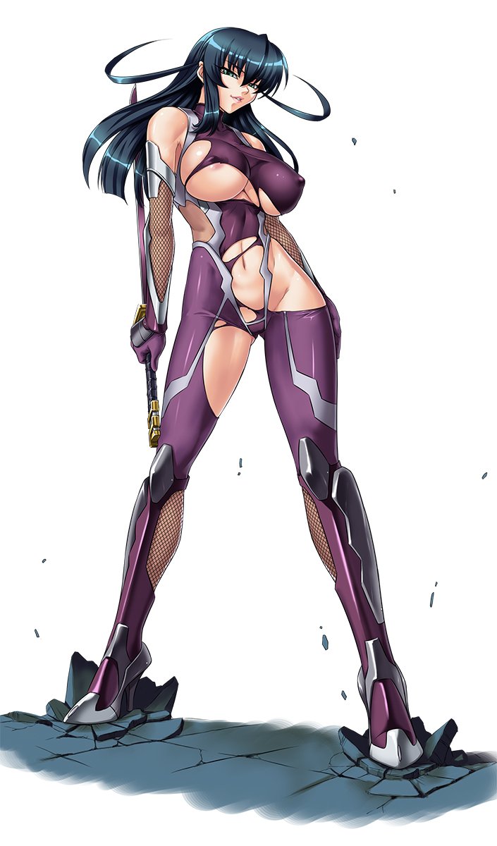 aqua_eyes areola_slip areolae bangs bare_shoulders blue_hair bodysuit breasts broken_ground commentary_request covered_collarbone covered_nipples elbow_gloves fishnets full_body gloves highres holding holding_sword holding_weapon igawa_asagi kagami_hirotaka katana large_breasts long_hair looking_at_viewer navel official_art parted_lips purple_bodysuit purple_gloves reverse_grip seductive_smile shiny shiny_hair simple_background sleeveless smile solo standing sword taimanin_(series) taimanin_asagi thighhighs torn_bodysuit torn_clothes turtleneck weapon white_background