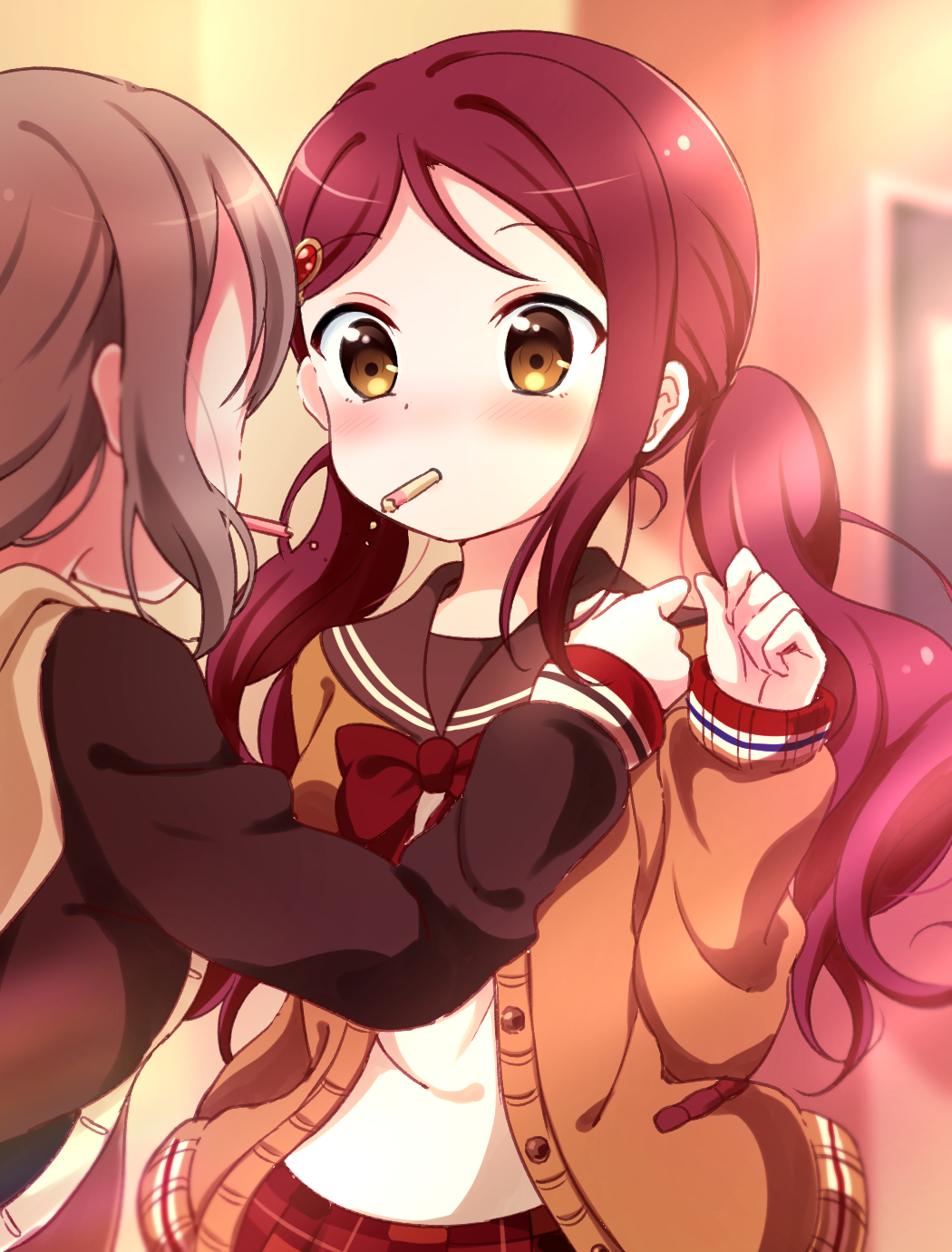 alternate_hairstyle blurry blurry_background blush bow bowtie brown_eyes brown_hair brown_jacket brown_sailor_collar depth_of_field eyebrows_visible_through_hair food food_in_mouth hair_ornament hairclip hand_on_another's_shoulder highres indoors jacket long_hair long_sleeves love_live! love_live!_sunshine!! low_twintails mouth_hold multiple_girls open_clothes open_jacket pipette1223 pocky pocky_kiss red_bow red_hair red_neckwear sailor_collar sakurauchi_riko shared_food shiny shiny_hair shirt short_hair sleeves_past_wrists solo_focus tareme twintails unbuttoned upper_body watanabe_you white_shirt yuri