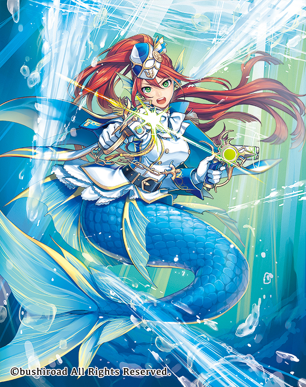 battle_siren_cipla belt bubble cardfight!!_vanguard chain company_name epaulettes green_eyes gun hat head_fins long_hair mermaid military military_hat military_uniform monster_girl official_art okeya_(ol23) open_mouth ponytail red_hair teeth underwater uniform weapon