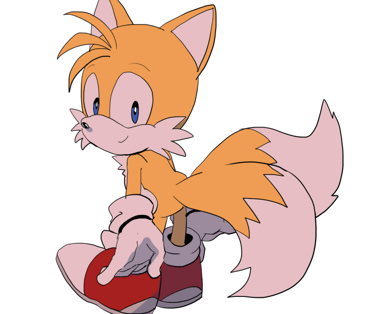 aimf0324 anthro black_nose blue_eyes butt_pose canine clothing dipstick_tail footwear fox fur gloves looking_at_viewer male mammal miles_prower multicolored_tail simple_background smile solo sonic_(series) video_games white_fur yellow_fur