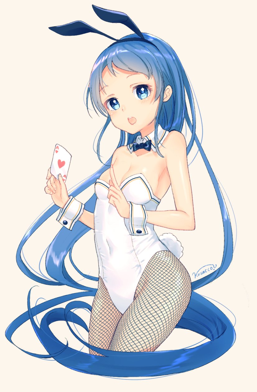 ace_of_hearts blue_eyes blue_hair breasts bunnysuit card fishnet_pantyhose fishnets highres holding holding_card index_finger_raised kantai_collection long_hair nunucco pantyhose playing_card samidare_(kantai_collection) simple_background small_breasts solo very_long_hair wrist_cuffs