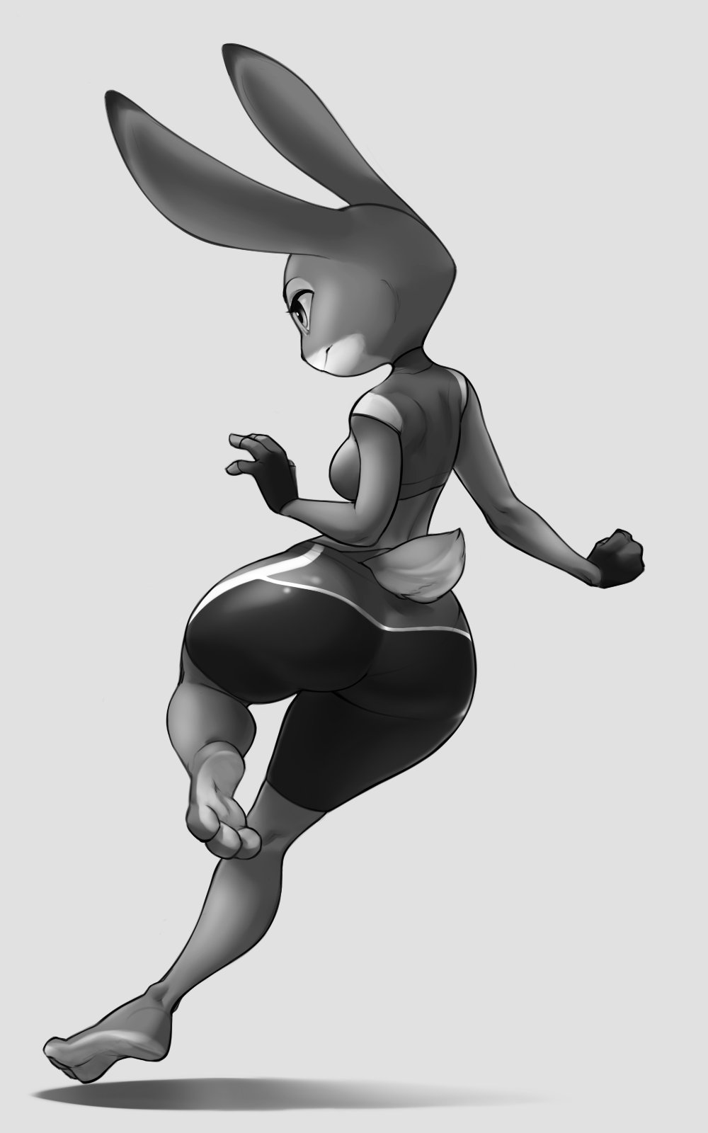 10:16 2017 3_toes 4_fingers big_butt butt clothed clothing conditional_dnp disney eyelashes female fingerless_gloves gloves greyscale hi_res judy_hopps lagomorph mammal monochrome rabbit shorts small_tail soft_shading solo tight_clothing toes wide_hips xopachi zootopia