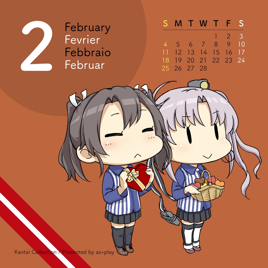 :&lt; ahoge aka_ringo akitsushima_(kantai_collection) basket black_legwear black_skirt brown_background calendar_(medium) chibi closed_eyes employee_uniform english french german grey_hair hat heart italian kantai_collection lawson long_hair mini_hat multiple_girls pleated_skirt purple_hair side_ponytail sidelocks skirt solid_oval_eyes standing striped thighhighs twintails uniform vertical_stripes zuikaku_(kantai_collection) |_|