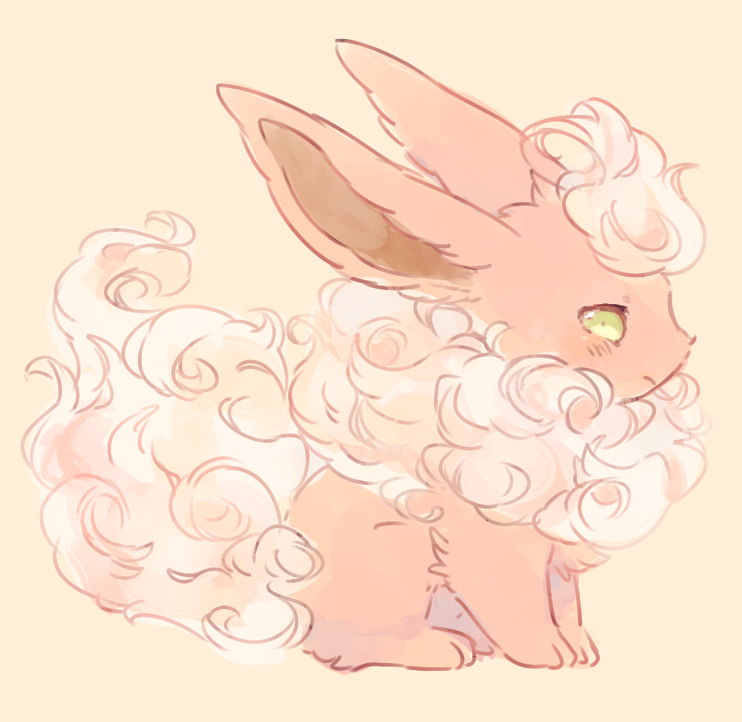 flareon fluffy from_side full_body gen_1_pokemon green_eyes hideko_(l33l3b) looking_at_viewer no_humans pink_background pokemon pokemon_(creature) profile simple_background sitting solo