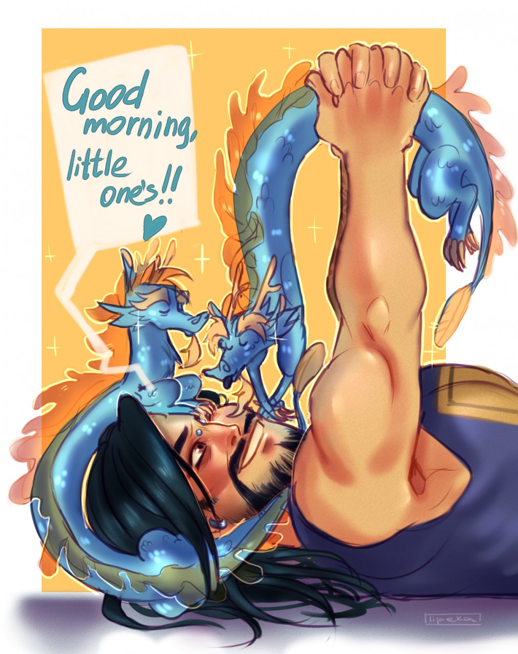 &lt;3 dialogue dragon eastern_dragon english_text hanzo hanzo_(overwatch) hanzo_shimada human lipeka male mammal overwatch scalie size_difference text video_games