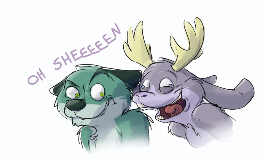 annoyed anthro antlers bedfellows canine cat dog duo feline horn jackalope lagomorph male mammal nude open_mouth paintfox rabbit silly simple_background sketch teeth tongue white_background