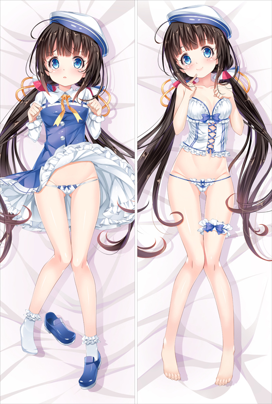 ahoge bakugadou bangs bare_arms bare_legs bare_shoulders barefoot bed_sheet beret blue_dress blue_eyes blue_footwear blush bobby_socks bow bow_panties breasts brown_hair bustier closed_mouth collarbone commentary_request dakimakura dress eyebrows_visible_through_hair frilled_panties frills groin hands_up hat hinatsuru_ai long_hair long_sleeves looking_at_viewer low_twintails lying medium_breasts multiple_views on_back panties parted_lips ryuuou_no_oshigoto! school_uniform shoes shoes_removed short_over_long_sleeves short_sleeves single_shoe smile socks thigh_strap twintails underwear underwear_only very_long_hair white_hat white_legwear white_panties