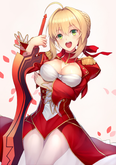:d aestus_estus ahoge banned_artist blonde_hair blush breast_hold breasts cleavage cleavage_cutout cowboy_shot dress epaulettes eyebrows_visible_through_hair fate/extra fate_(series) green_eyes hair_intakes hair_ribbon head_tilt holding holding_sword holding_weapon juliet_sleeves kyoeiki long_sleeves looking_at_viewer medium_breasts nero_claudius_(fate) nero_claudius_(fate)_(all) open_mouth petals pink_background puffy_sleeves red_dress red_ribbon ribbon round_teeth see-through shiny shiny_hair short_hair sidelocks simple_background smile solo standing sword teeth thigh_gap weapon