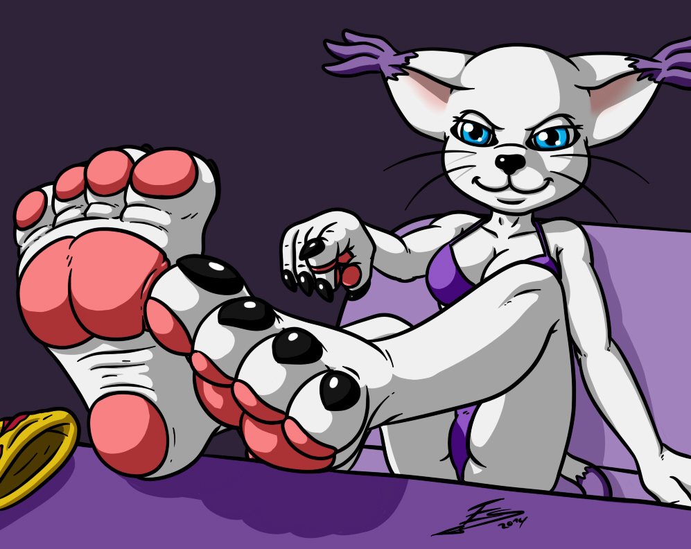 2014 4_toes 5_fingers 5_toes bikini black_nails black_nose blue_eyes breasts cleavage clothed clothing colored_nails digimon digital_media_(artwork) dipstick_tail evil-sprite female foot_fetish foot_focus fur gatomon looking_at_viewer multicolored_tail pawpads purple_background purple_bikini simple_background sitting smile solo story story_in_description swimsuit toes video_games whiskers white_fur
