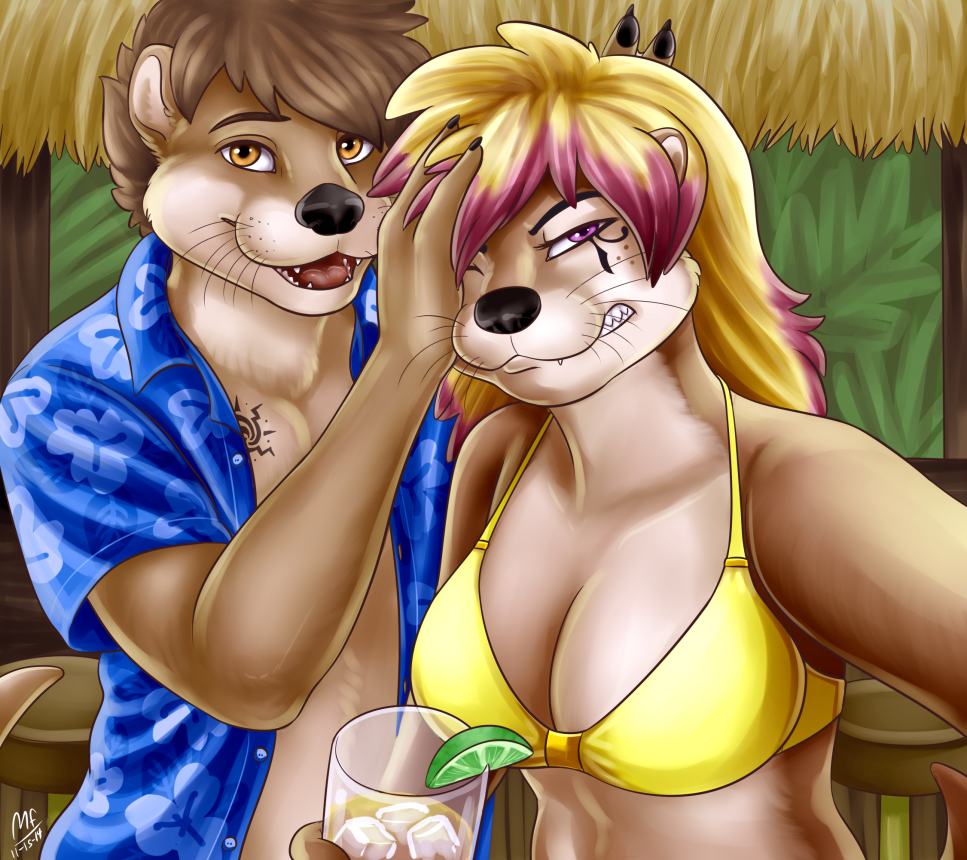 2014 annoyed anthro beverage bikini black_claws black_nose blonde_hair blue_shirt blue_topwear breasts brown_eyebrows brown_fur brown_hair christine_(gothicskunk) claws cleavage clothed clothing conditional_dnp digital_media_(artwork) duo eyebrows female front_view fur glass hair highlights holding_glass holding_object long_hair looking_at_viewer male mammal moodyferret multicolored_fur multicolored_hair mustelid open_mouth open_shirt orange_eyes otter outside pink_hair pink_highlights purple_eyes remington_(stripes) selfie shirt short_hair signature smile standing swimsuit tan_fur tattoo teeth two_tone_fur two_tone_hair whiskers yellow_clothing yellow_topwear