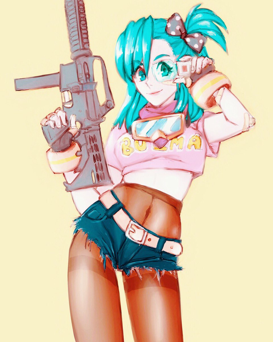 1girl blue_eyes blue_hair bulma bulma_briefs dragon_ball googles gun hips hot_pants legs pantyhose polylina_(artist) thighband_pantyhose