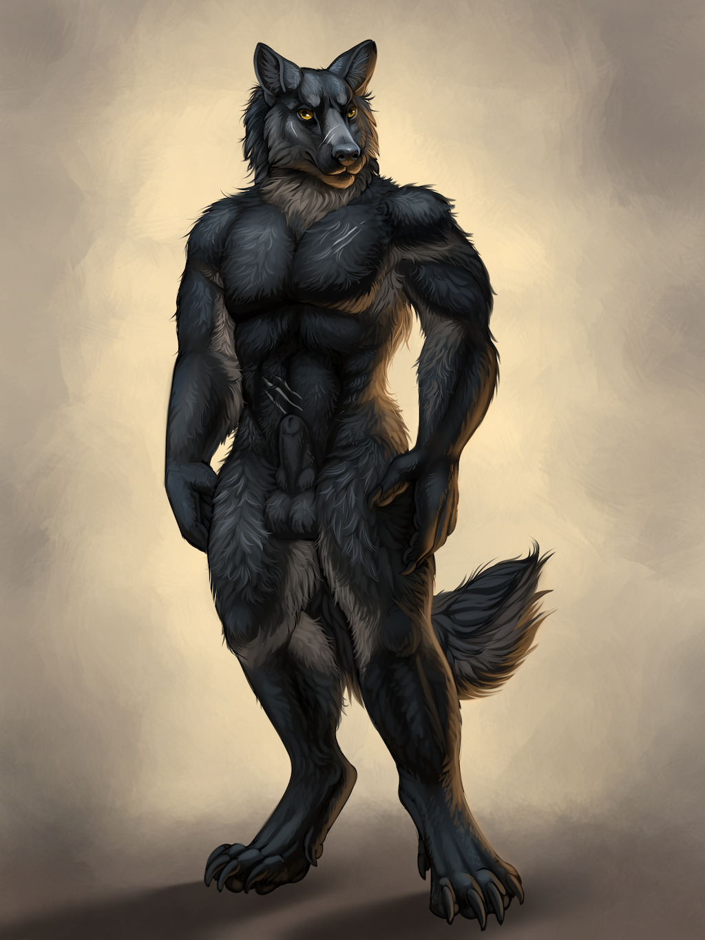 anatomically_correct anatomically_correct_penis animal_genitalia animal_penis anthro balls black_claws black_fur black_nose bulge canine canine_penis claw_marks claws dewclaw digitigrade fully_sheathed fur half-erect humanoid_hands knot knot_in_sheath looking_at_viewer male mammal muscular nude owlette penis penis_outline penis_shaped_bulge pinup pose sheath simple_background solo standing wolf yellow_eyes