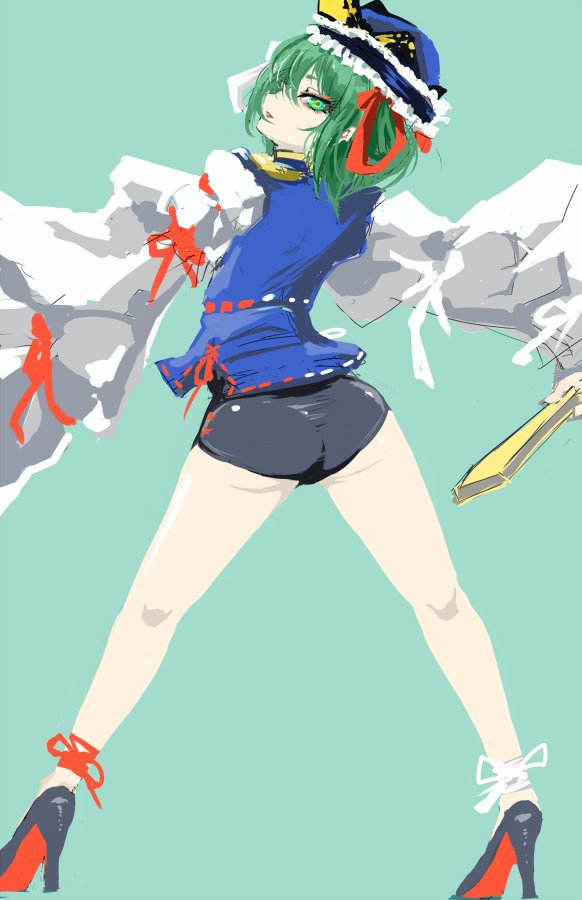 arched_back ass bare_legs black_shorts blue_hat blue_vest commentary_request from_behind ginji_(sakaki_summer) green_background green_eyes green_hair hat high_heels lips long_sleeves looking_at_viewer looking_back red_ribbon ribbon rod_of_remorse shiki_eiki short_hair short_shorts shorts simple_background solo standing touhou vest white_ribbon white_sleeves