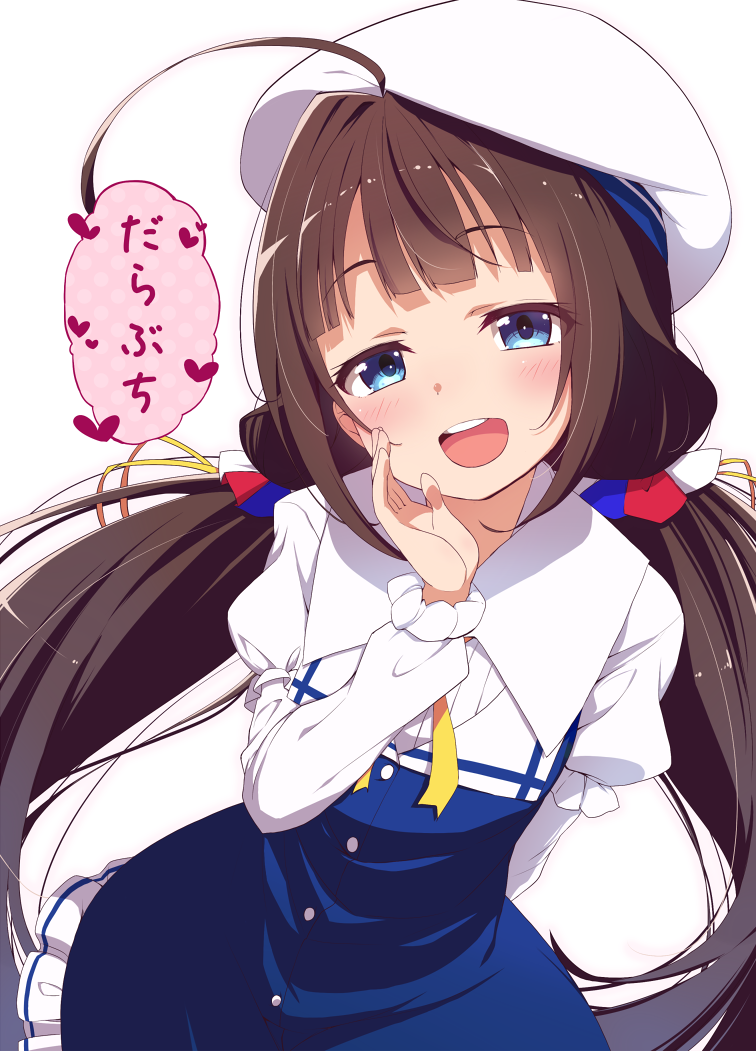 :d ahoge bangs beret blue_dress blue_eyes blunt_bangs blush brown_hair commentary_request dress eyebrows_visible_through_hair hand_to_own_mouth hat head_tilt heart hinatsuru_ai long_hair long_sleeves looking_at_viewer low_twintails natsumi_akira open_mouth puffy_short_sleeves puffy_sleeves ryuuou_no_oshigoto! school_uniform short_over_long_sleeves short_sleeves simple_background smile solo translated twintails upper_teeth very_long_hair white_background white_hat