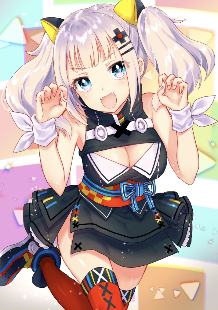 :d bad_id bad_pixiv_id bangs bare_shoulders black_dress black_footwear blue_eyes blush boots breasts claw_pose cleavage cleavage_cutout commentary_request dress eyebrows_visible_through_hair fangs fingernails hair_ornament hairclip head_tilt kaguya_luna kaguya_luna_(character) large_breasts long_hair looking_at_viewer nunucco obi open_mouth red_legwear sash sidelocks silver_hair sleeveless sleeveless_dress smile solo standing standing_on_one_leg thighhighs twintails v-shaped_eyebrows virtual_youtuber