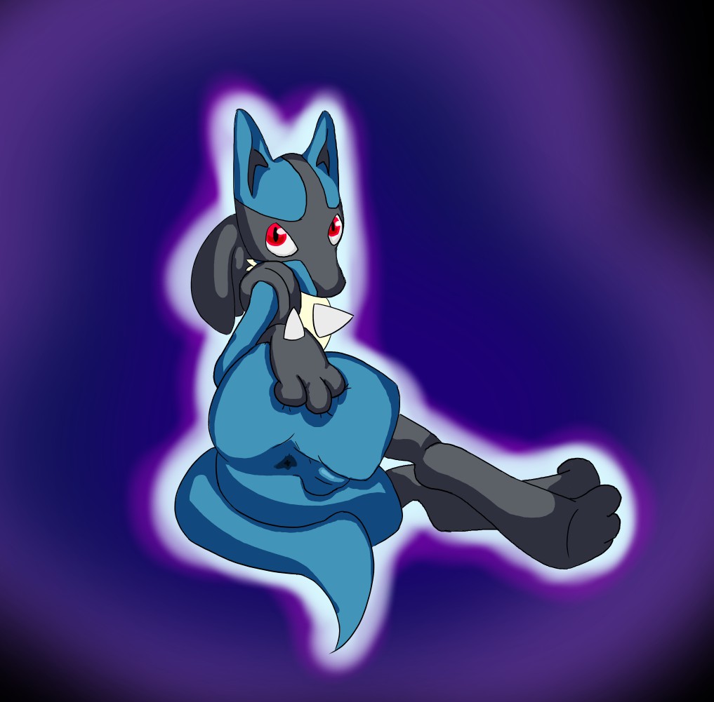 3_toes anus balls black_fur blue_fur fryegg fur inviting looking_at_viewer lucario male nintendo nude pok&eacute;mon pok&eacute;mon_(species) red_eyes simple_background solo spreading toes video_games