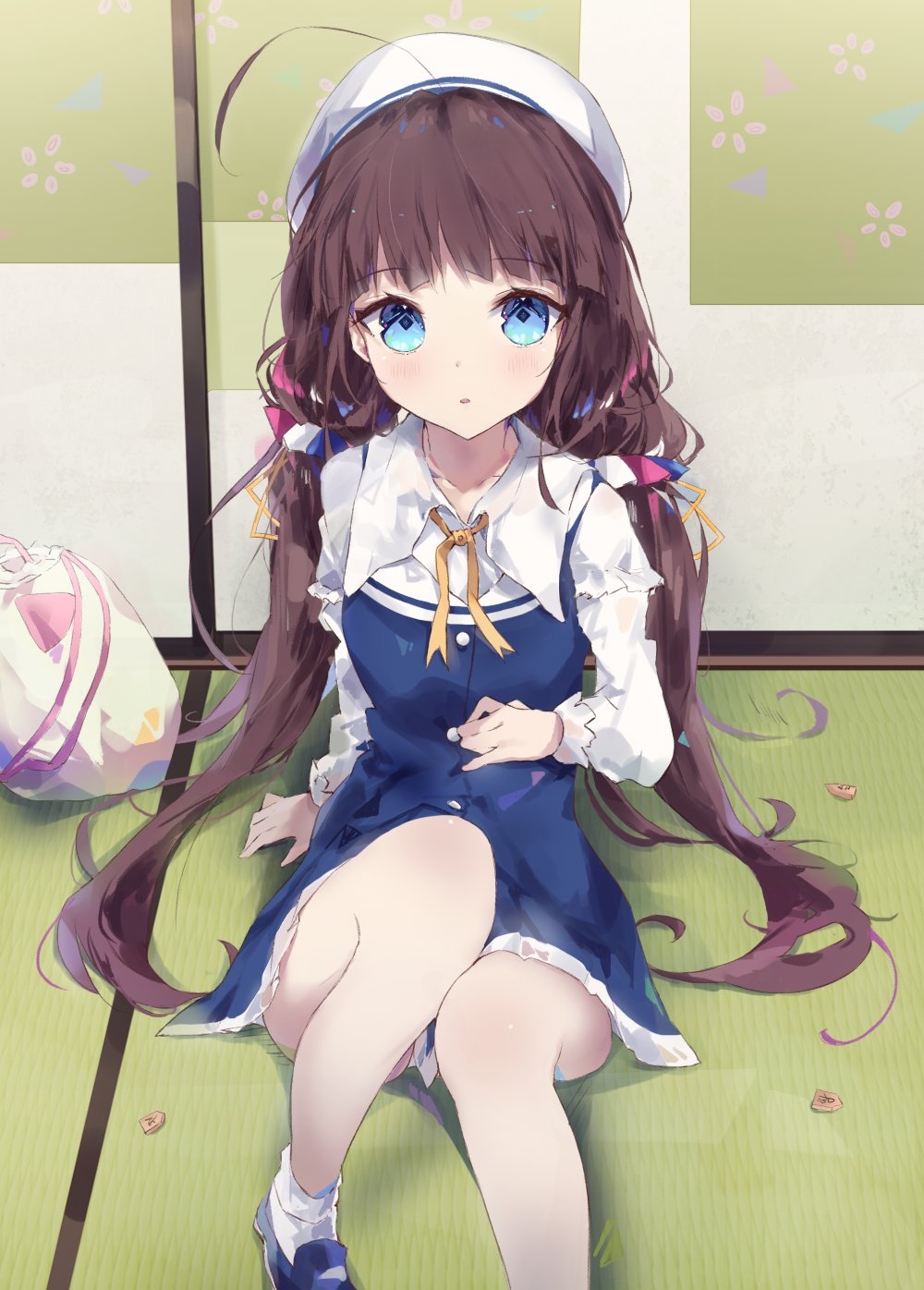 :o ahoge arm_support bangs beret blue_eyes blue_footwear blush board_game brown_hair buttons dress eyebrows_visible_through_hair feet_out_of_frame floral_print hair_ornament hand_on_own_stomach hat highres hinatsuru_ai indoors knees_up long_hair long_sleeves looking_at_viewer neck_ribbon on_floor panties panty_peek parted_lips ribbon ryuuou_no_oshigoto! sack school_uniform shoes shougi sitting socks solo tatami tr_(hareru) twintails underwear very_long_hair white_hat white_legwear white_panties yellow_ribbon