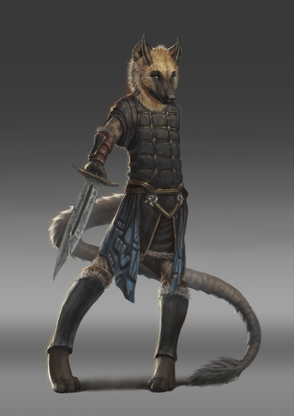 2018 anthro black_nose brown_fur clothed clothing digital_media_(artwork) fur holding_object holding_weapon hybrid hyena latex_(artist) male mammal melee_weapon solo sword weapon
