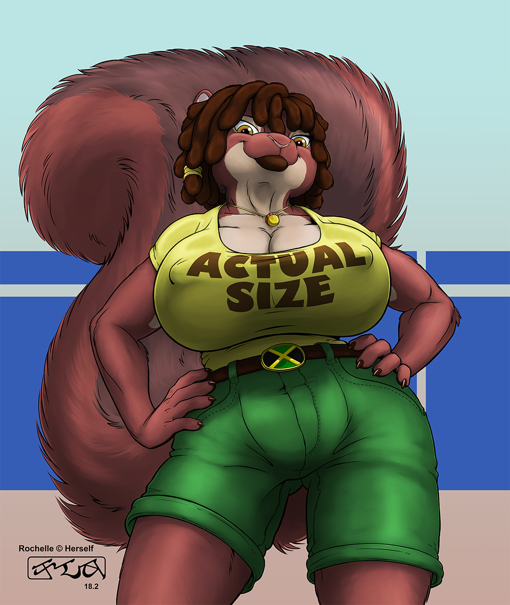 2018 anthro big_breasts breasts brown_eyes brown_fur claws cleavage clothed clothing dreadlocks female fluffy fluffy_tail fur hair hands_on_hips hi_res jewelry kencougr looking_at_viewer low-angle_view mammal necklace nipple_bulge portrait rochelle_(rochelle) rodent short_hair shorts simple_background smile solo squirrel text three-quarter_portrait
