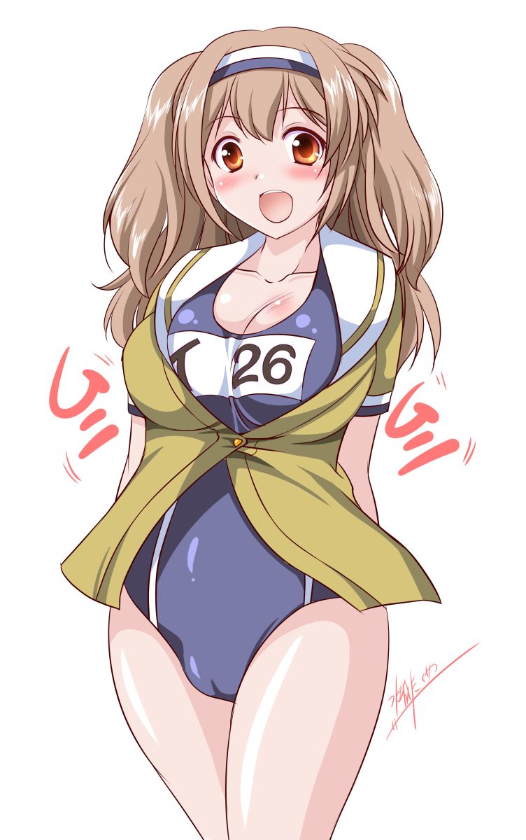 :d blush breasts cameltoe cleavage clothes_writing collarbone commentary_request hairband highres i-26_(kantai_collection) kantai_collection large_breasts light_brown_eyes light_brown_hair long_hair looking_at_viewer mizushiro_takuya name_tag new_school_swimsuit one-piece_swimsuit open_mouth sailor_collar school_swimsuit short_sleeves smile solo swimsuit swimsuit_under_clothes two-tone_hairband two_side_up white_background