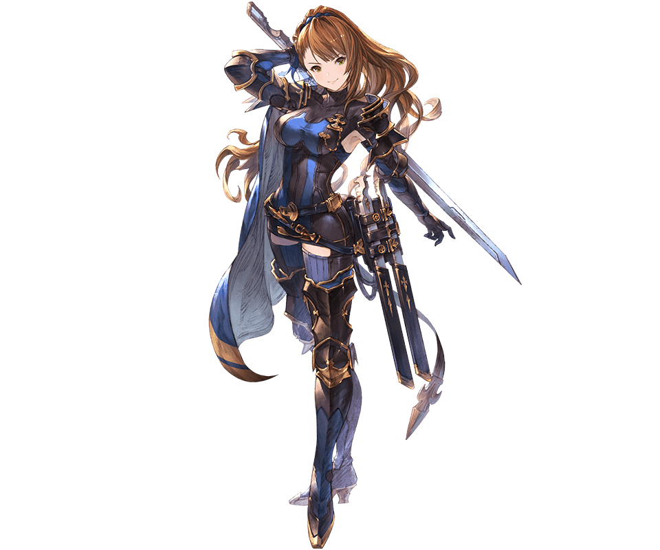1girl arm_up armor armored_boots armpit_cutout bangs beatrix_(granblue_fantasy) belt blue_scrunchie bodysuit boots breasts brown_eyes brown_hair cape closed_mouth full_body gauntlets gloves granblue_fantasy head_tilt high_heels holding holding_sword holding_weapon long_hair looking_at_viewer medium_breasts minaba_hideo official_art ponytail scrunchie shiny shiny_hair skin_tight smile solo standing sword thighhighs turtleneck weapon
