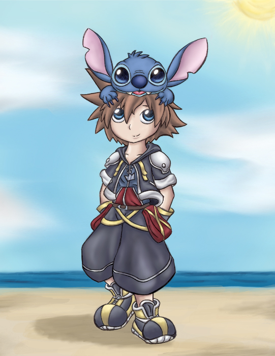 2008 alien beach blue_claws blue_eyes blue_fur blue_nose brown_hair claws clothed clothing cute_fangs digital_drawing_(artwork) digital_media_(artwork) disney duo experiment_(species) fur hair hands_behind_back head_tuft human kingdom_hearts lilo_and_stitch looking_at_another looking_at_viewer looking_up lordzasz male mammal notched_ear on_head open_mouth open_smile sea seaside shows sky smile sora_(kingdom_hearts) square_enix stitch sun tuft video_games water