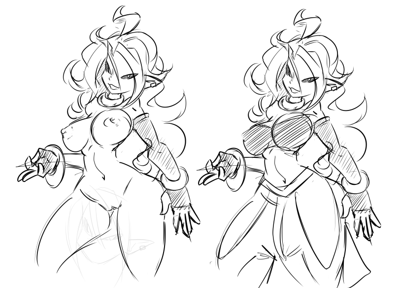 1girl android_21 breasts curvy dahs dragon_ball dragon_ball_fighterz highres large_breasts long_hair looking_at_viewer majin_android_21 monochrome nail_polish nipples sketch smile standing strapless tail tubetop white_hair