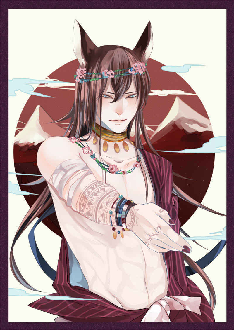 animal_humanoid blue_eyes bracelet brown_eyes clothed clothing cloud colored_nails detailed_background flower_crown front_view humanoid jackal_humanoid jewelry light_skin looking_at_viewer male mammal mountain navel necklace off_shoulder portrait reaching_towards_viewer red_theme rokusou smile snow solo standing tattoo topless tunic
