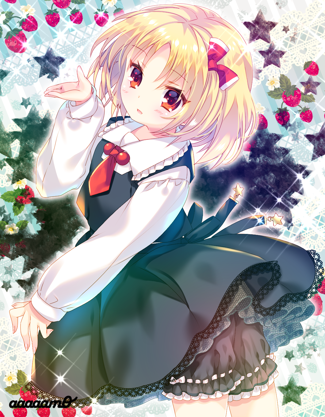 :d amo bangs black_bloomers black_skirt black_vest blonde_hair bloomers blush collared_shirt eyebrows_visible_through_hair fingernails flower food fruit highres long_sleeves necktie open_mouth red_eyes red_neckwear rumia shirt short_hair short_necktie skirt skirt_set sleeves_past_wrists smile solo sparkle star strawberry strawberry_blossoms touhou twitter_username underwear vest white_shirt