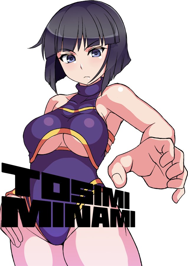 black_hair blue_eyes blue_leotard breasts character_name cleavage cleavage_cutout commentary_request foreshortening kupala leotard looking_down medium_breasts minami_toshimi short_hair solo sweat underboob wrestle_angels wrestle_angels_survivor wrestling_outfit