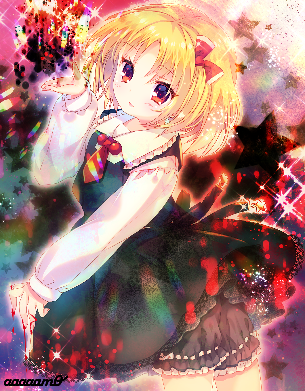 :d amo bangs black_bloomers black_skirt black_vest blonde_hair blood bloomers blush collared_shirt commentary_request eyebrows_visible_through_hair fingernails highres long_sleeves necktie open_mouth red_eyes red_neckwear rumia shirt short_hair short_necktie skirt skirt_set sleeves_past_wrists smile solo sparkle star touhou twitter_username underwear vest white_shirt