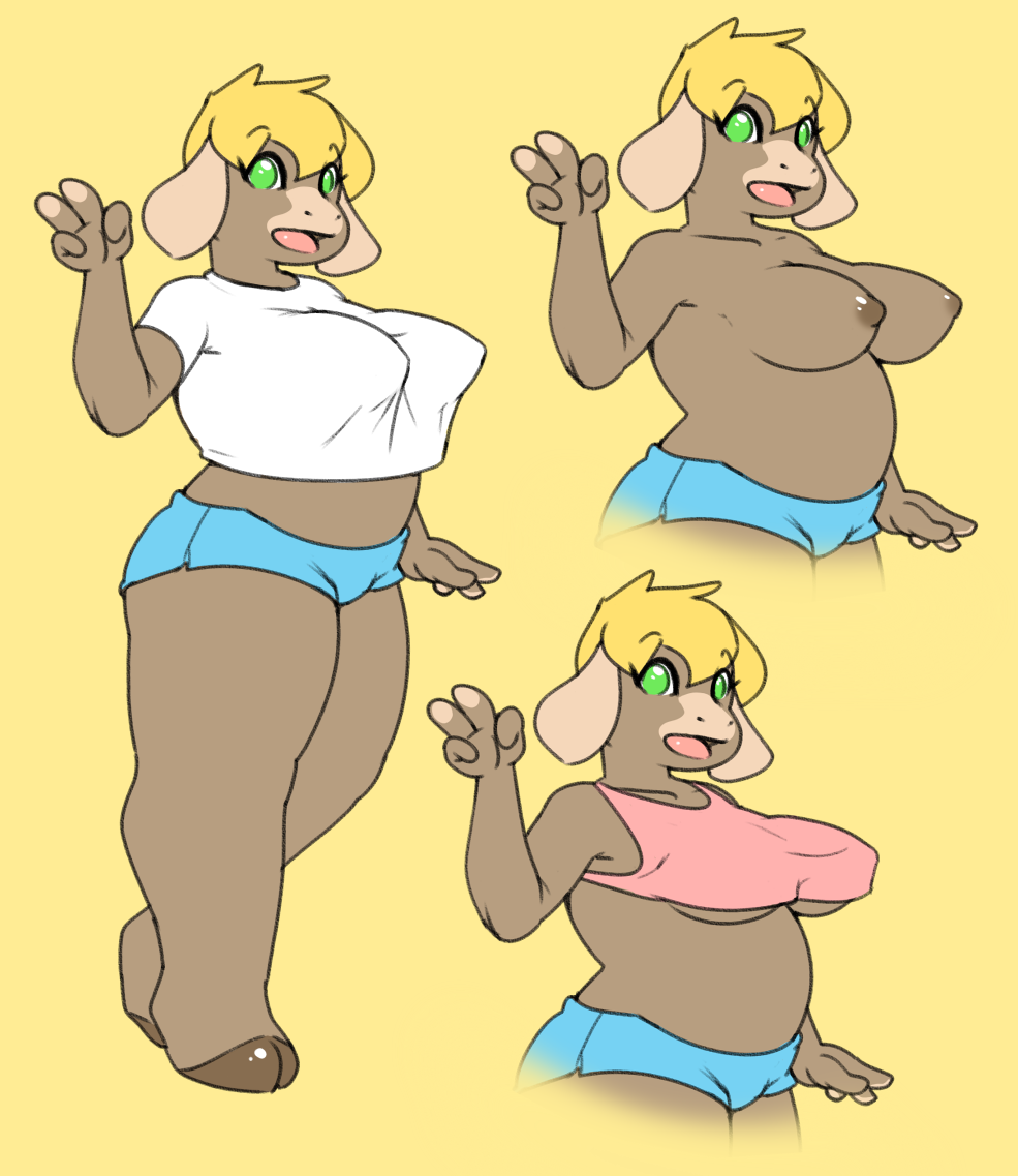 big_breasts blonde_hair bovine breasts brown_fur brown_nipples equine female fur green_eyes hair hear_(artist) hybrid mammal model_sheet nipples off/on simple_background slightly_chubby solo under_boob