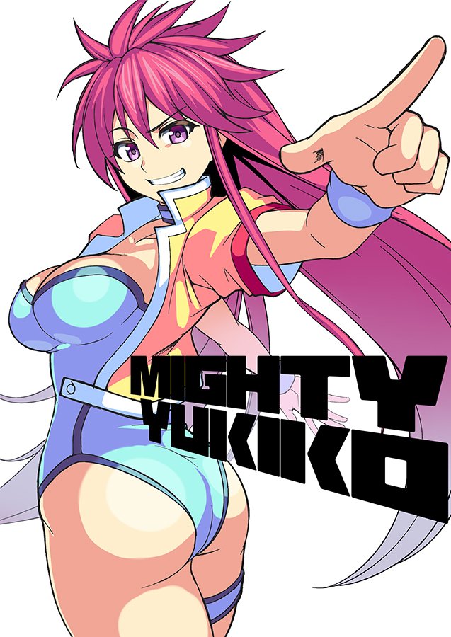 ass blue_leotard breasts cleavage commentary_request kupala large_breasts leotard long_hair mighty_yukiko open_mouth pink_hair purple_eyes smile solo wrestle_angels wrestle_angels_survivor wrestling wrestling_outfit wristband