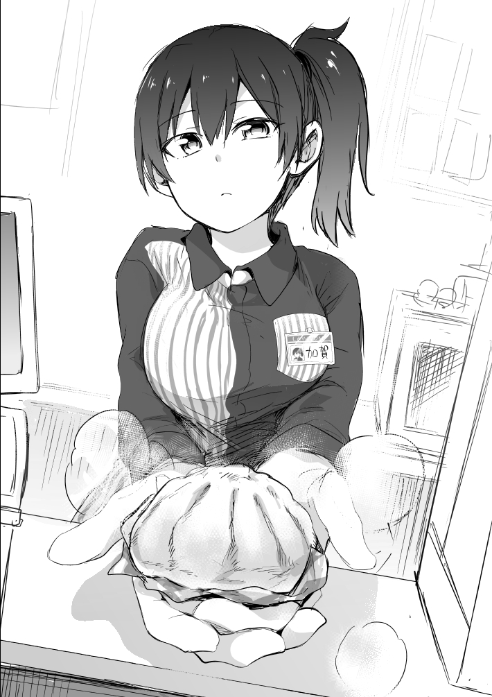 baozi commentary convenience_store employee_uniform food foreshortening giving greyscale id_card ijima_yuu kaga_(kantai_collection) kantai_collection lawson monochrome shop side_ponytail solo store_clerk uniform