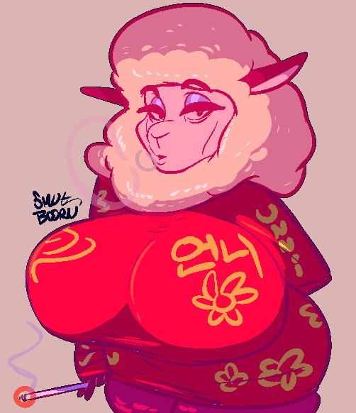 2018 anthro big_breasts breasts caprine cigarette clothed clothing digital_media_(artwork) dress eyeshadow female fully_clothed helbaa_(smutbooru) holding_object huge_breasts korean_text looking_at_viewer makeup mammal mature_female sheep smoking smutbooru solo standing text thick_thighs voluptuous wide_hips