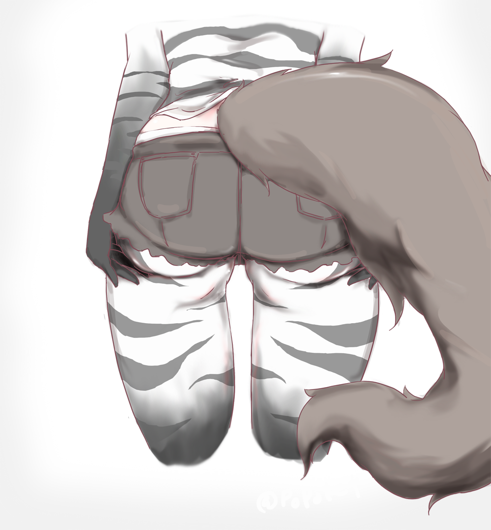 1girl aardwolf_(kemono_friends) aardwolf_print aardwolf_tail animal_print ass ass_focus back black_shorts cropped_legs from_behind gloves hands_on_own_ass hiroi_butani kemono_friends legwear_under_shorts lower_body pantyhose pocket print_gloves print_legwear print_shirt shirt short_shorts shorts simple_background solo tail twitter_username white_background