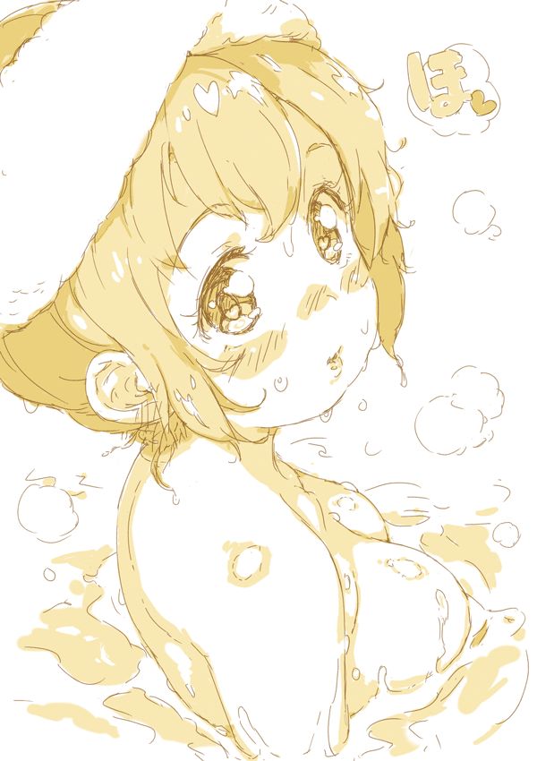 1girl bangs bathing blush breasts from_side hair_up kousaka_honoka looking_at_viewer love_live! love_live!_school_idol_project medium_breasts monochrome nude partially_submerged randou sketch solo steam towel towel_on_head upper_body wet wet_hair yellow