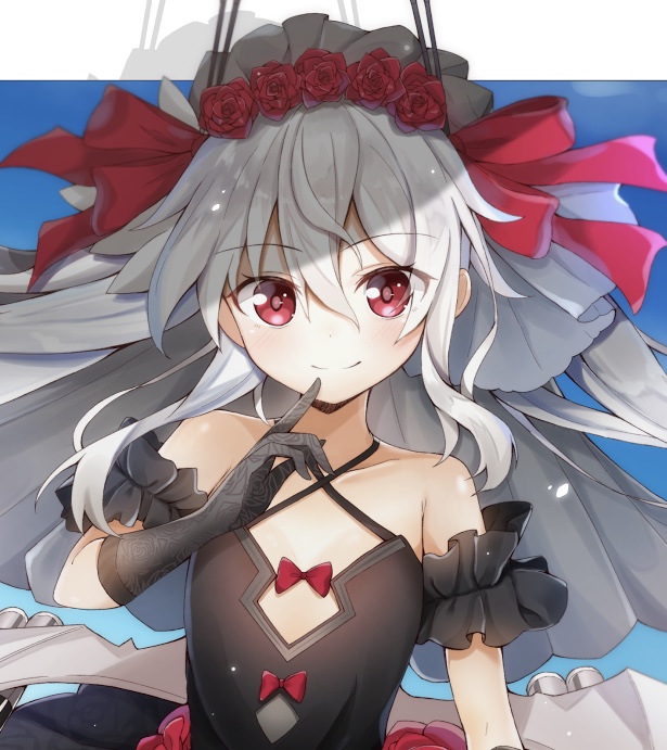 azur_lane bangs bare_shoulders bat_wings black_dress black_gloves bow bridal_veil closed_mouth collarbone criss-cross_halter dress elbow_gloves eyebrows_visible_through_hair finger_to_mouth flower gloves grey_wings hair_between_eyes hair_bow hair_flower hair_ornament halterneck himemiya_shuang long_hair looking_at_viewer metal_wings red_bow red_eyes red_ribbon ribbon silver_hair smile solo vampire_(azur_lane) veil wings