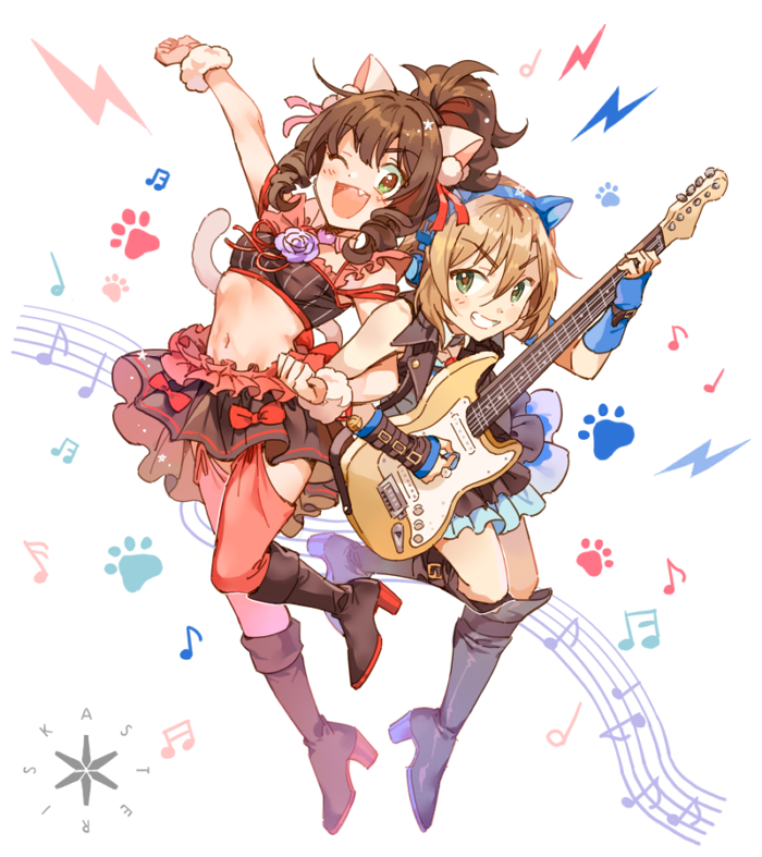 animal_ears asterisk_(idolmaster) beamed_sixteenth_notes blush boots bow brown_hair cat_ear_headphones cat_ears cat_tail crop_top cropped_jacket detached_collar eighth_note eyebrows_visible_through_hair fang frilled_skirt frills green_eyes grin guitar half_note headphones high_heel_boots high_heels high_ponytail idolmaster idolmaster_cinderella_girls instrument inzup jacket light_brown_hair lightning_bolt locked_arms maekawa_miku midriff multiple_girls musical_note navel one_eye_closed open_clothes open_jacket open_mouth over_the_collar paw_print plectrum quarter_note red_bow short_hair sixteenth_note skirt sleeveless_jacket smile staff_(music) tada_riina tail thighhighs wristband
