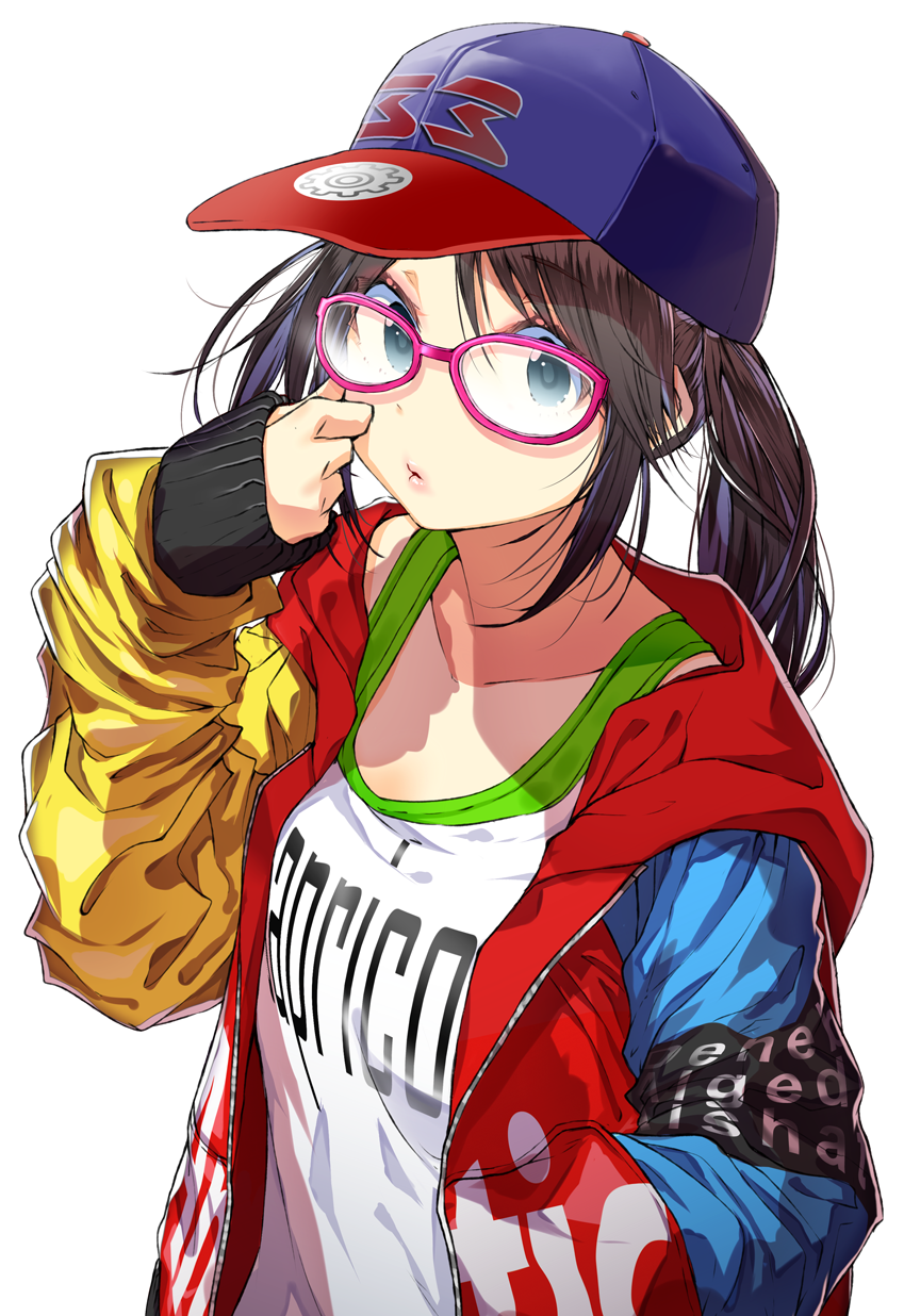1girl black_hair blue_eyes collarbone colorful glasses hand_in_pocket hand_on_own_cheek hat highres hood hoodie idolmaster idolmaster_shiny_colors lips long_hair looking_at_viewer mitsumine_yuika simple_background solo tank_top twintails upper_body white_background yae_(mono110)