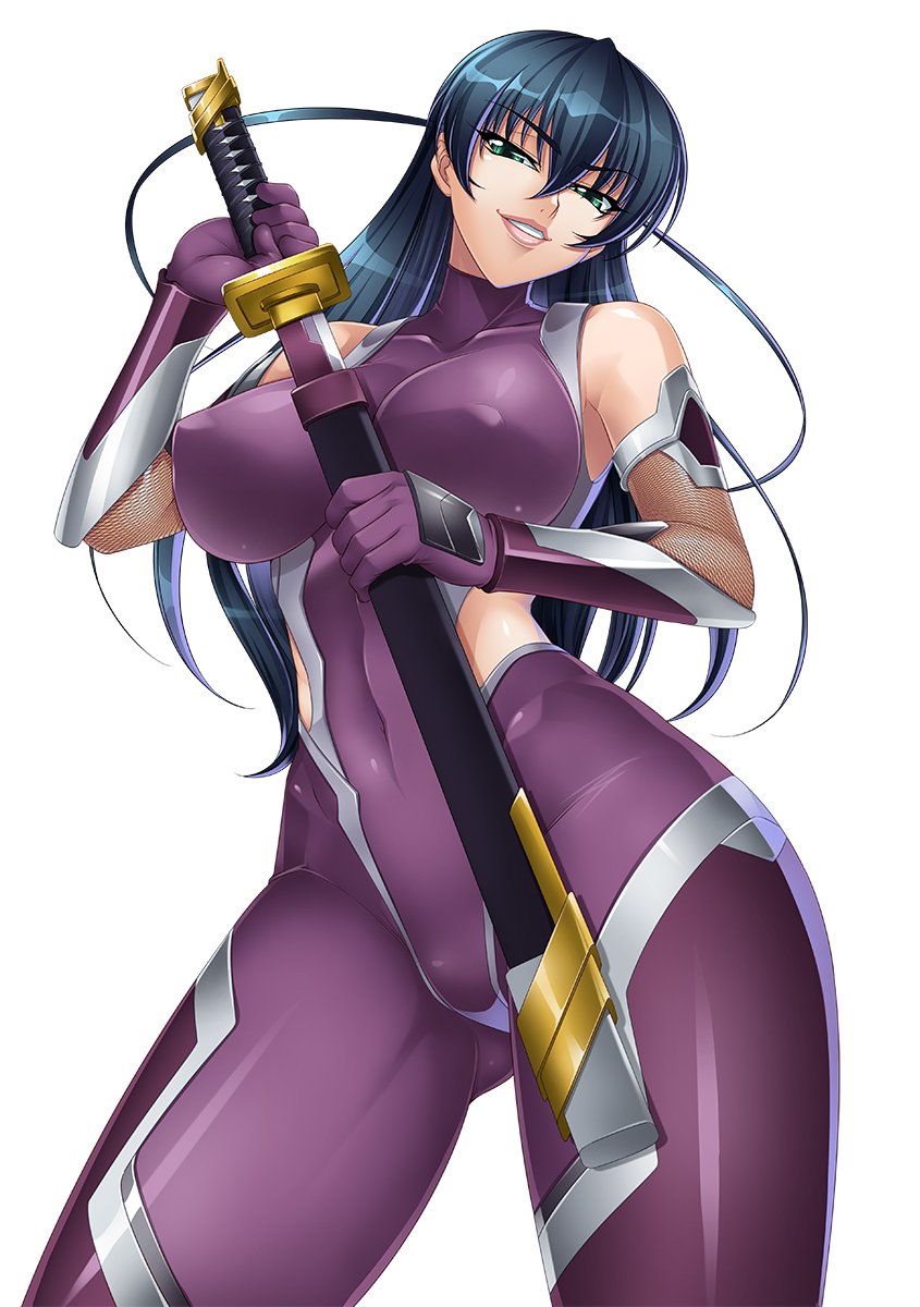 bangs blue_hair bodysuit breasts commentary_request covered_collarbone covered_navel covered_nipples elbow_gloves eyebrows_visible_through_hair fishnets gloves green_eyes highres holding holding_sword holding_weapon igawa_asagi kagami_hirotaka katana large_breasts lipstick long_hair looking_at_viewer makeup official_art parted_lips purple_bodysuit sheath shiny shiny_clothes simple_background skin_tight sleeveless smile solo sword taimanin_(series) taimanin_asagi turtleneck weapon white_background