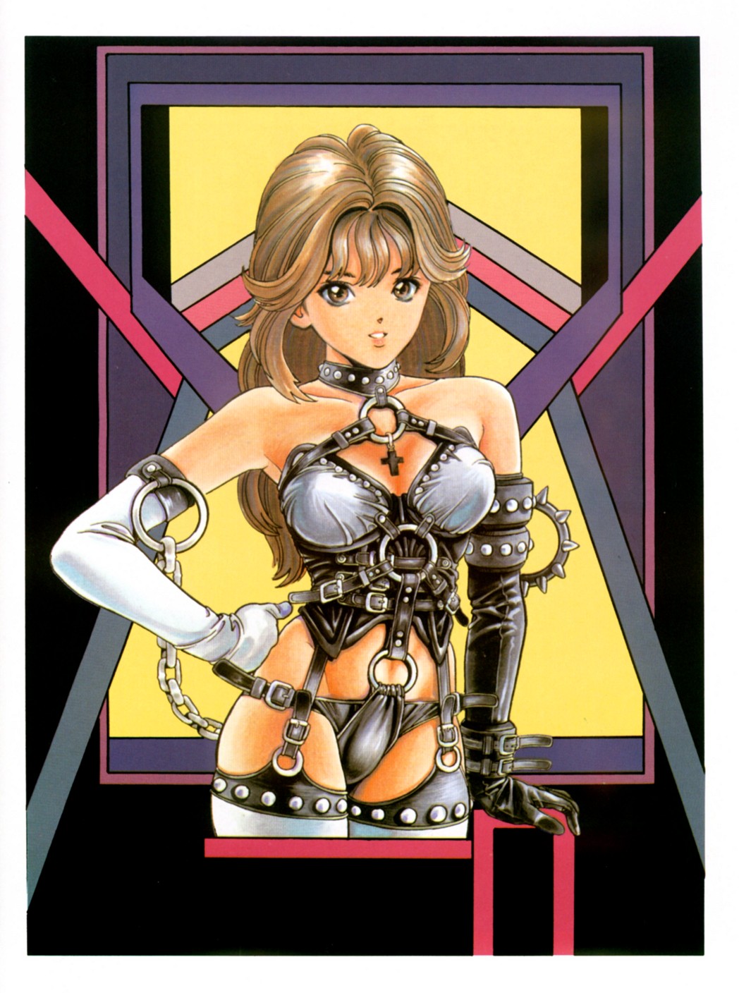 black_gloves bondage_outfit brown_eyes brown_hair chain cross gloves hand_on_hip highres katsura_masakazu long_hair looking_at_viewer mismatched_gloves o-ring parted_lips thighhighs white_gloves