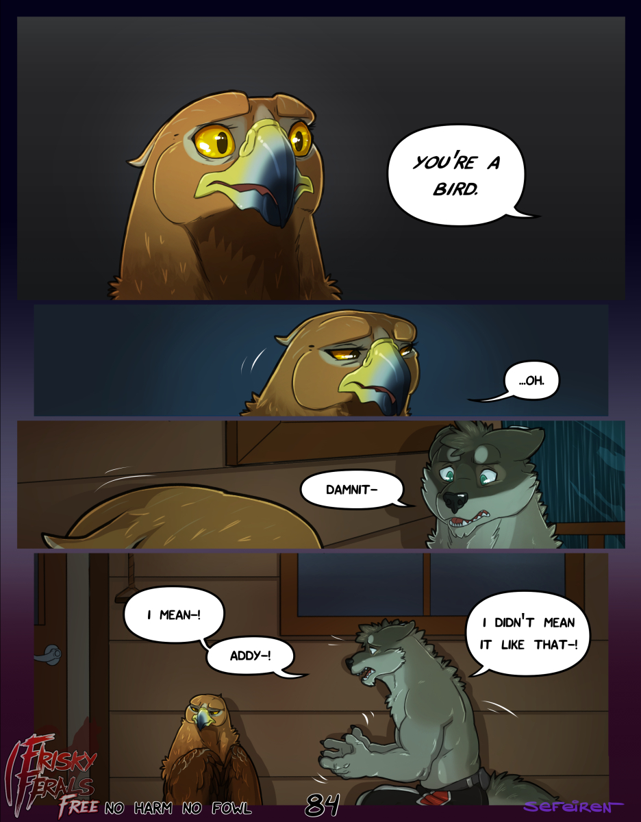 addison_(frisky_ferals) anthro avian beak bird brown_eyes brown_feathers cabin canine claws clothing comic conditional_dnp devon_(frisky_ferals) dialogue digital_media_(artwork) door eagle ears_back english_text feathers female feral frisky_ferals golden_eagle green_eyes male mammal no_harm_no_fowl open_mouth orange_sclera outside raining sefeiren shorts sitting speech_bubble text tongue window wings wolf