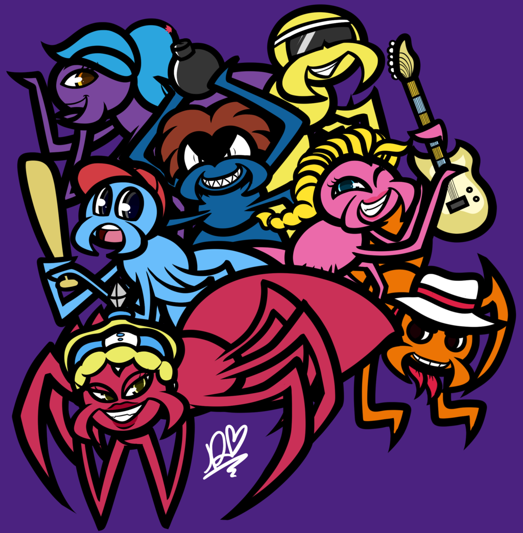 arachnid arthropod baseball_bat blonde_hair blue_eyes blue_hair blue_skin bomb brown_hair duckydeathly explosives eyewear female guitar hair hat male musical_instrument one_eye_closed orange_skin pink_skin purple_skin queen red_skin royalty spider spider_stompin' sunglasses wink yellow_eyes yellow_skin