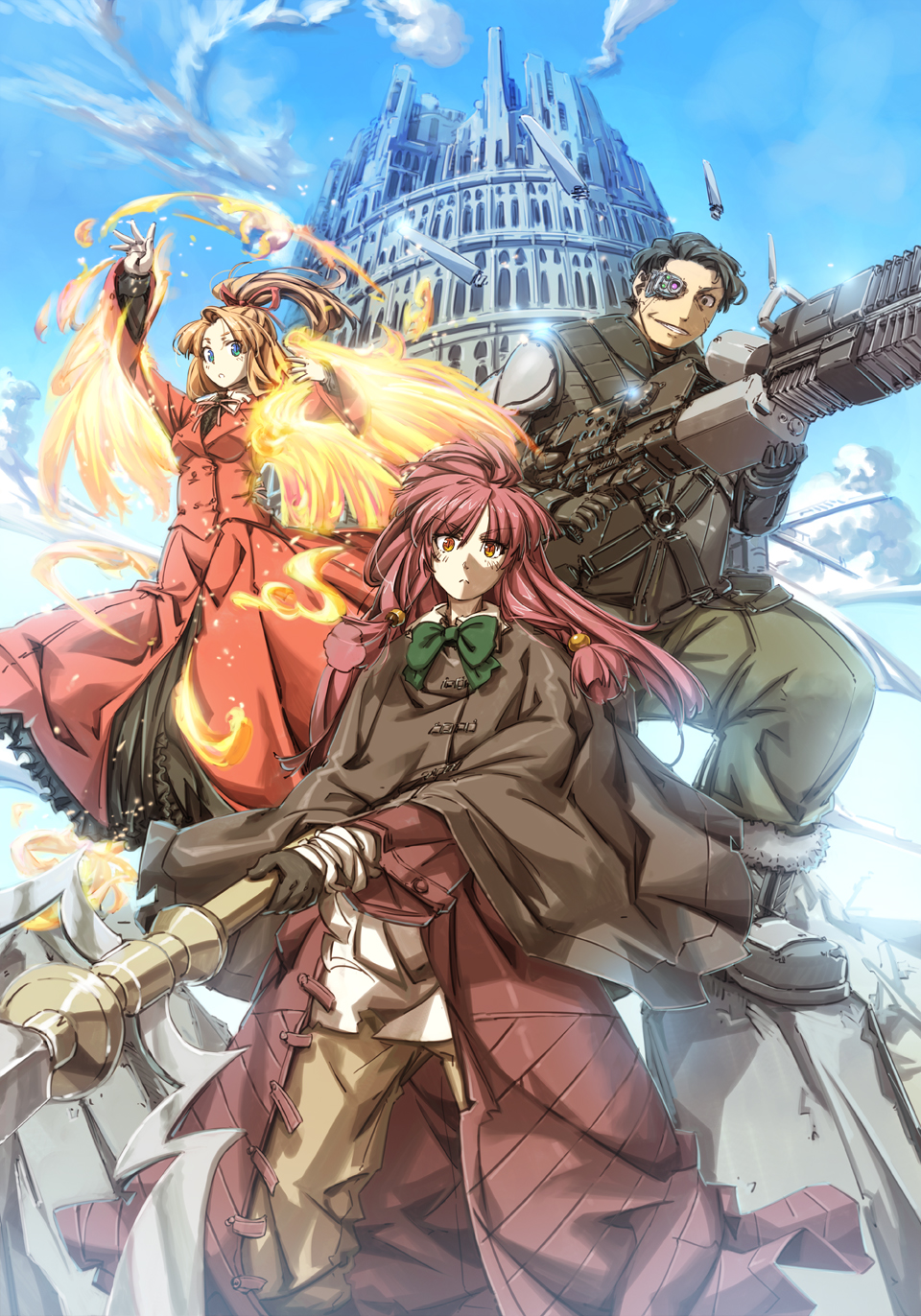 2girls blonde_hair blue_eyes blue_sky bow brown_cape brown_eyes brown_hair code:reiyaado_vagrants_road day dress eyepatch fire gloves green_bow grin gun highres meiz multiple_girls official_art outdoors polearm ponytail red_dress shell_casing sky smile standing weapon white_gloves