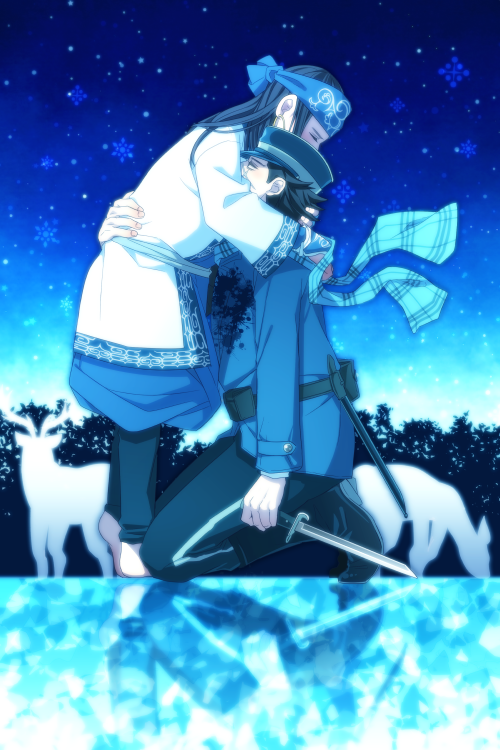 1girl ainu ainu_clothes asirpa bandana black_hair blood bloody_clothes checkered checkered_scarf child closed_eyes commentary earrings golden_kamuy hat holding holding_knife hug itou_(mogura) jewelry kneeling knife long_hair military military_uniform outdoors peaked_cap scarf short_hair snowing sugimoto_saichi uniform weapon